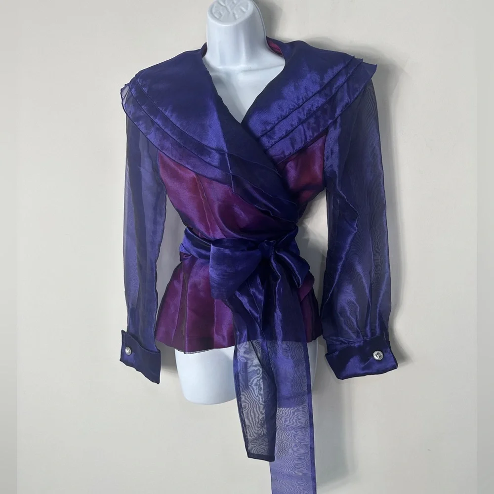 Vintage Purple Organza Tiered Puritan Bib Collar Sheer Blouse By Hampton Nites M